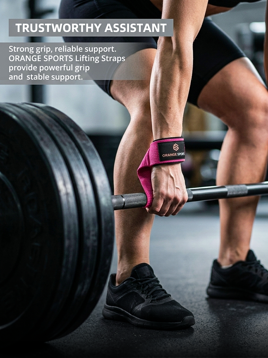 Orange Sports Weight Lifting Straps with Neoprene Wrist Support – Deadlift, Powerlifting &amp; Gym
