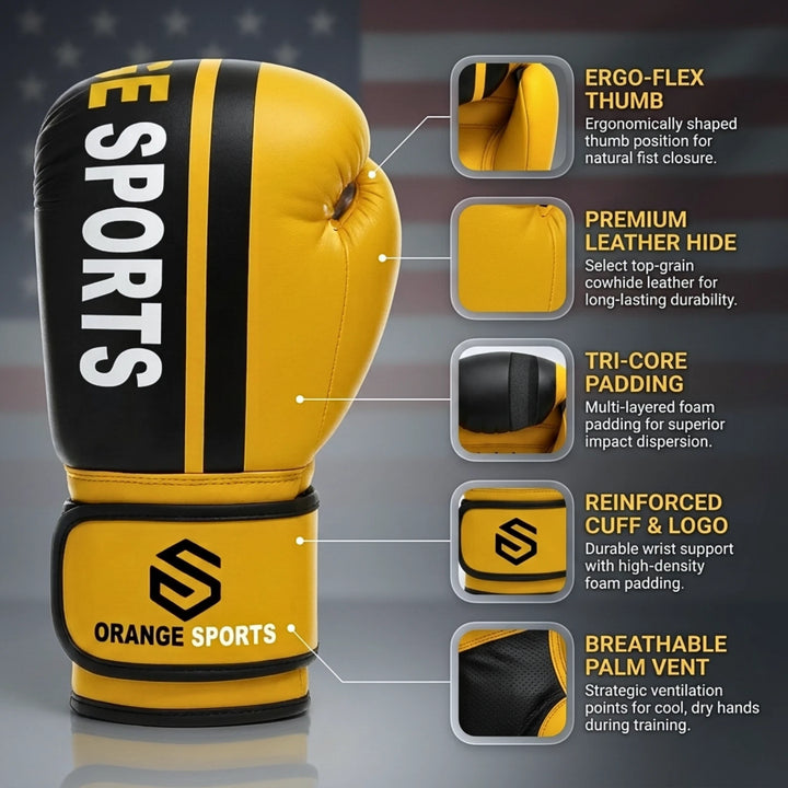 Orange Sports Yellow Boxing Gloves – Synthetic Leather Muay Thai, Kickboxing &amp; Sparring Gloves