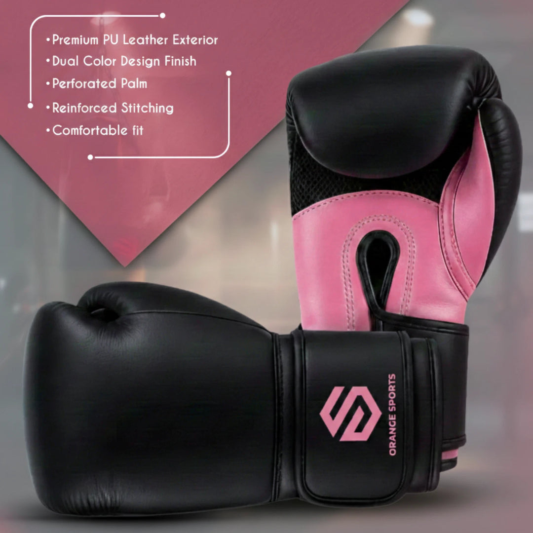 Orange Sports Beginner Gel Boxing Gloves – Black &amp; Pink, 10 oz &amp; 12 oz