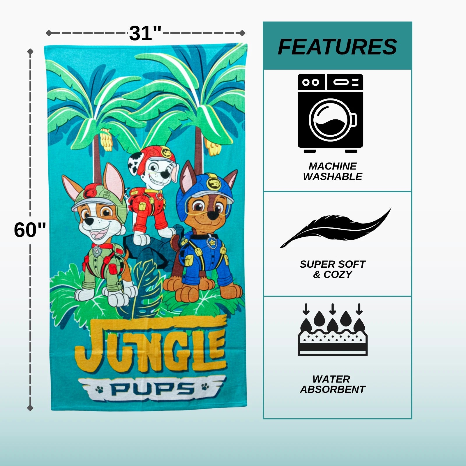 Jungle Pups Character Super Soft Cotton Bath / Pool / Beach Towel – 60 x 31 Inches