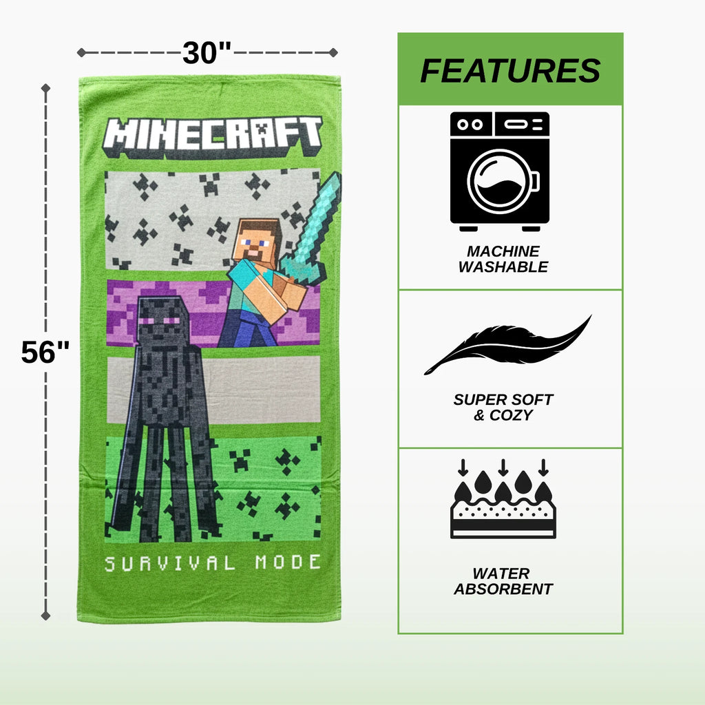 Minecraft Kids Character Bath, Pool & Beach Towel – Super Soft Cotton, Quick Dry, Lightweight, Large 56 x 30 Inch Gamer Towel for Boys & Girls