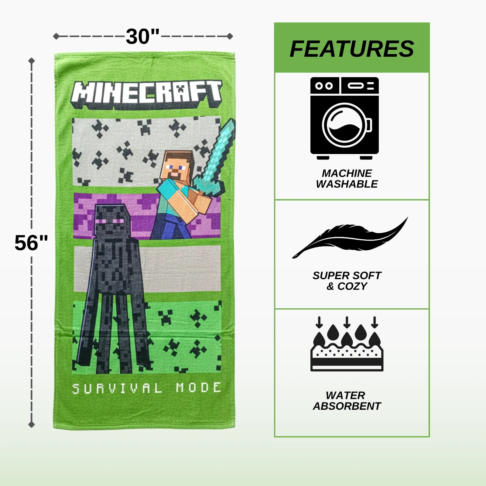 Minecraft Kids Character Bath, Pool & Beach Towel – Super Soft Cotton, Quick Dry, Lightweight, Large 56 x 30 Inch Gamer Towel for Boys & Girls
