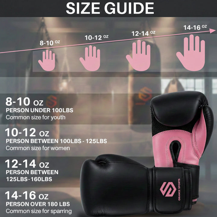 Orange Sports Beginner Gel Boxing Gloves – Black &amp; Pink, 10 oz &amp; 12 oz