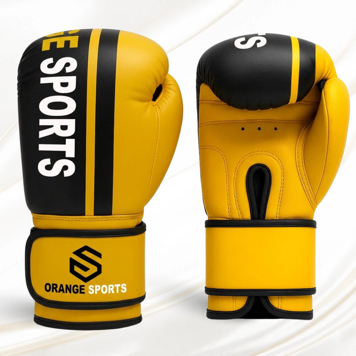 Orange Sports Yellow Boxing Gloves – Synthetic Leather Muay Thai, Kickboxing &amp; Sparring Gloves