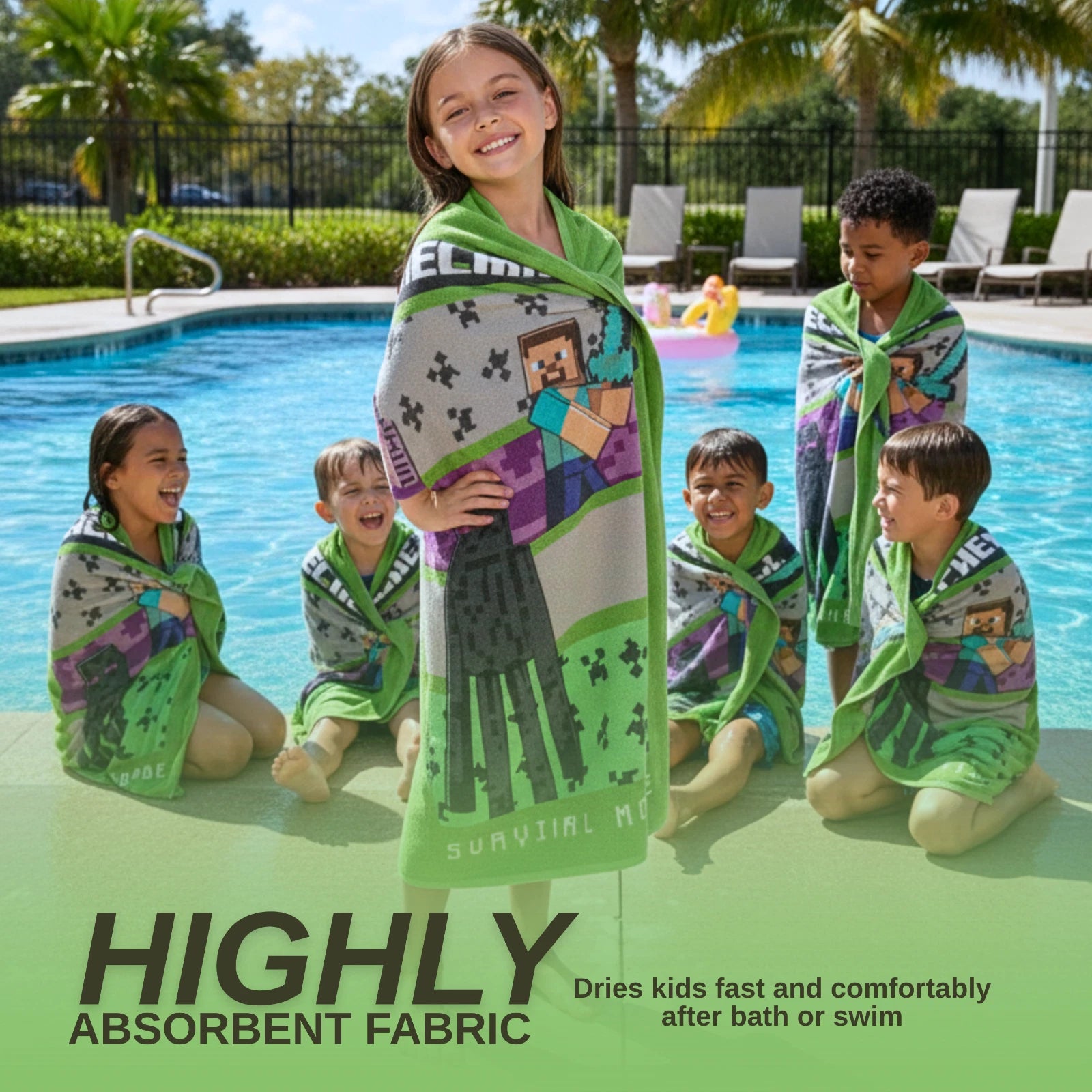 Minecraft Kids Character Bath, Pool & Beach Towel – Super Soft Cotton, Quick Dry, Lightweight, Large 56 x 30 Inch Gamer Towel for Boys & Girls
