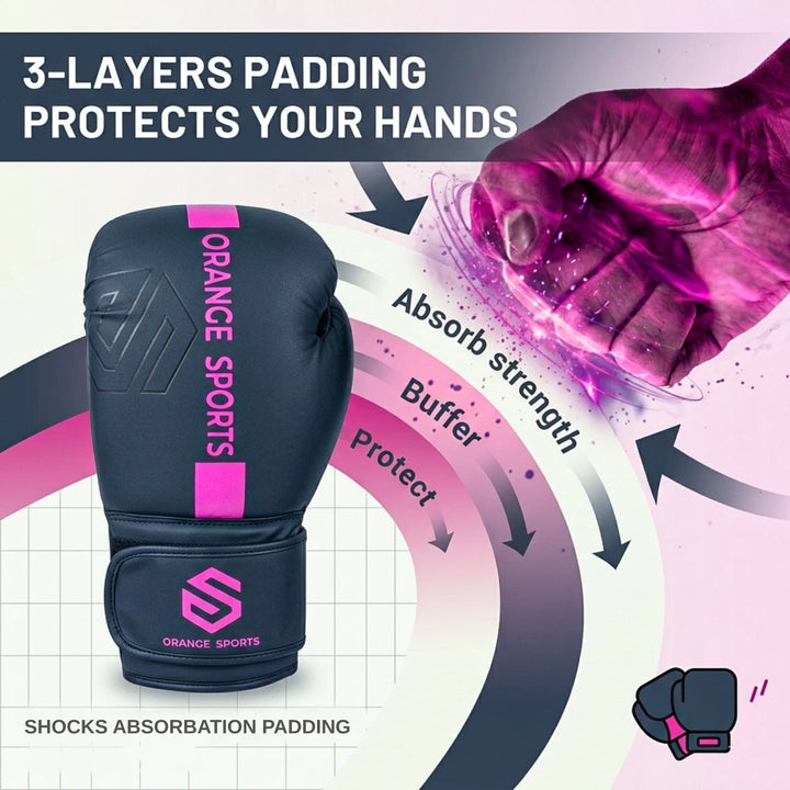 Orange Sports Synthetic Leather Boxing Gloves – Black &amp; Pink, 8 oz, 10 oz &amp; 12 oz