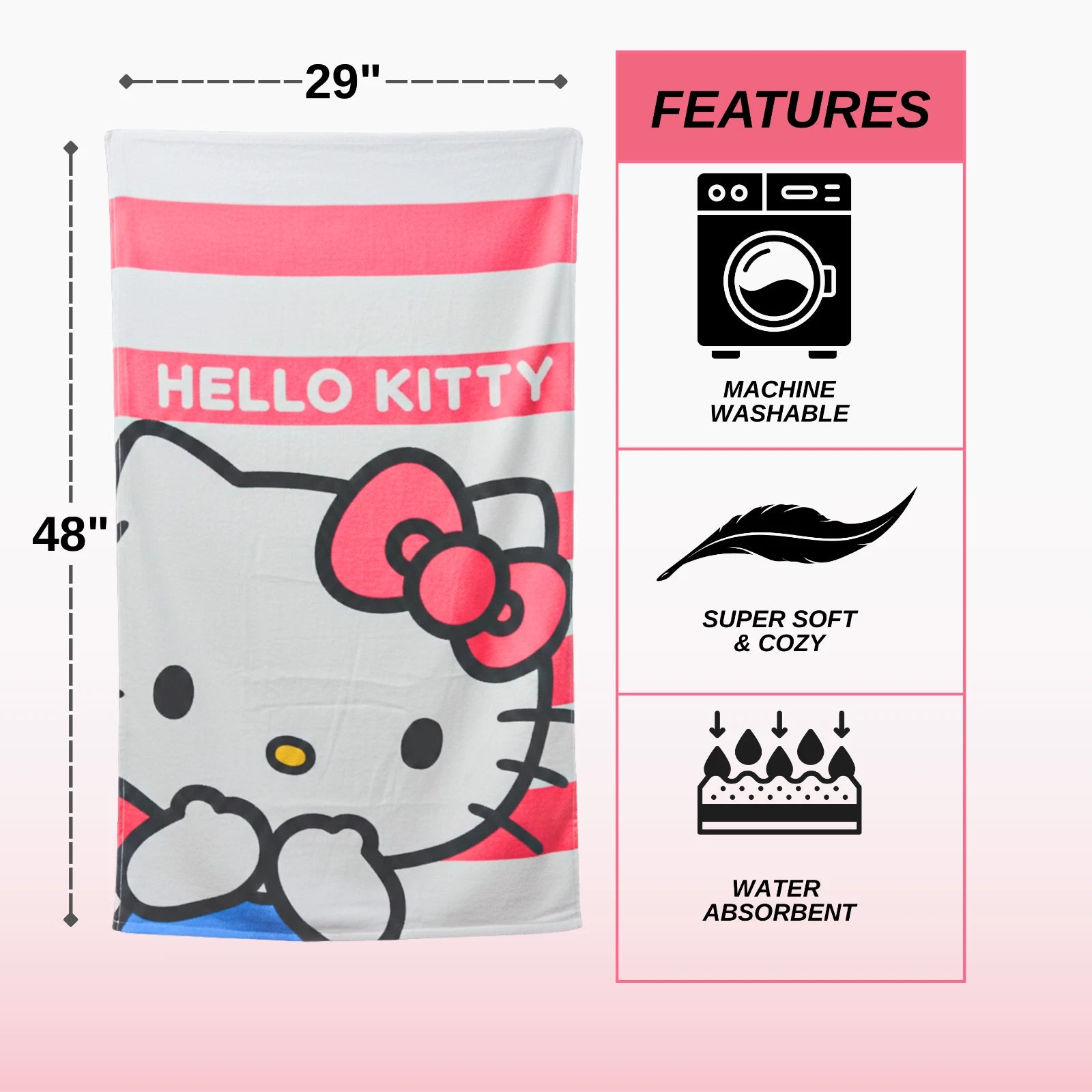 Kitty Character Kids Super Soft Cotton Bath, Pool & Beach Towel – 48 x 29 Inch Lightweight Absorbent Cartoon Towel for Girls & Boys