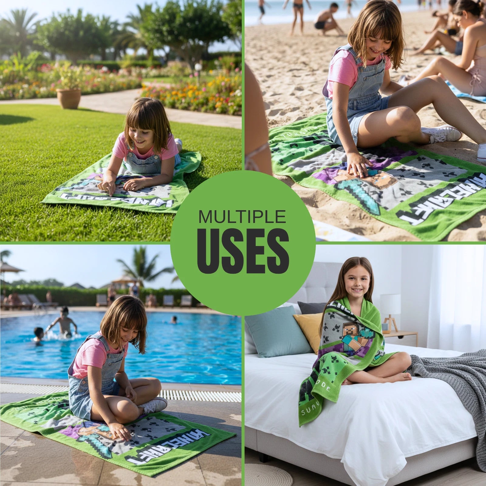 Minecraft Kids Character Bath, Pool & Beach Towel – Super Soft Cotton, Quick Dry, Lightweight, Large 56 x 30 Inch Gamer Towel for Boys & Girls
