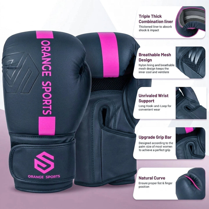 Orange Sports Synthetic Leather Boxing Gloves – Black &amp; Pink, 8 oz, 10 oz &amp; 12 oz